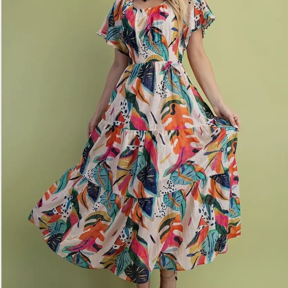 Vibrant Tropical Print Smocked Waist Boho Midi Dress - Picture 1 of 7